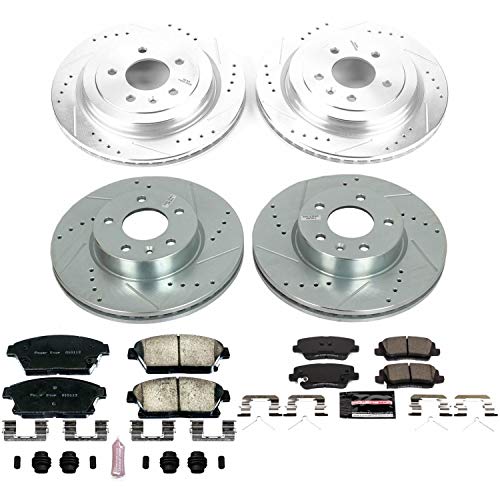 Power Stop K7402 Z23 Carbon Fiber Brake Pads Front and Rear with Drilled & Slotted Brake Rotors Kit