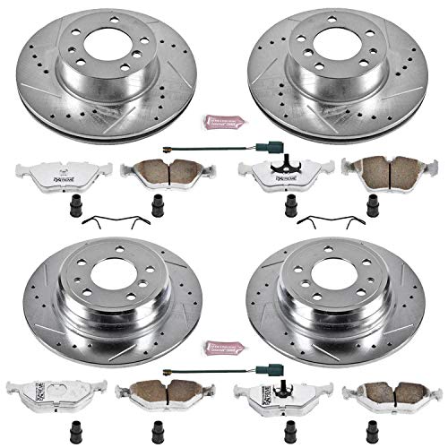 Power Stop K392-26 Z26 Carbon Fiber Brake Pads Front and Rear with Drilled & Slotted Brake Rotors Kit and 1 Front & 1 Rear Sensor Wires For BMW 525i, BMW 5, BMW 530i, BMW 535i [Model Specific]