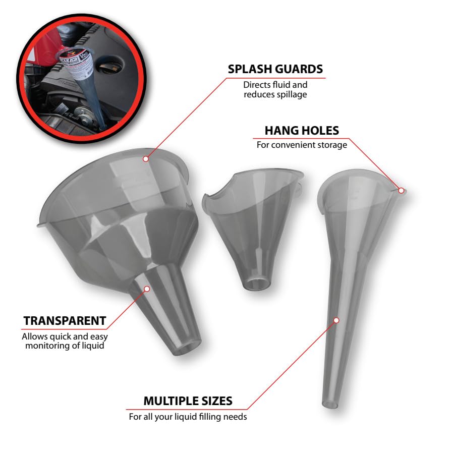 Easy-Fill Performance Tool W4053 Clear View Funnel Set (3 Pieces) - Versatile Liquid Filling Solutions