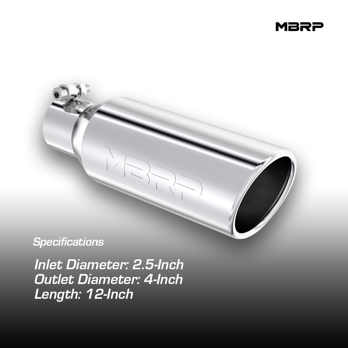 MBRP 4" O.D. T5150 2.5" Inlet 12" Length T304 Stainless Steel Angled Cut Rolled End Clampless Exhaust Tip