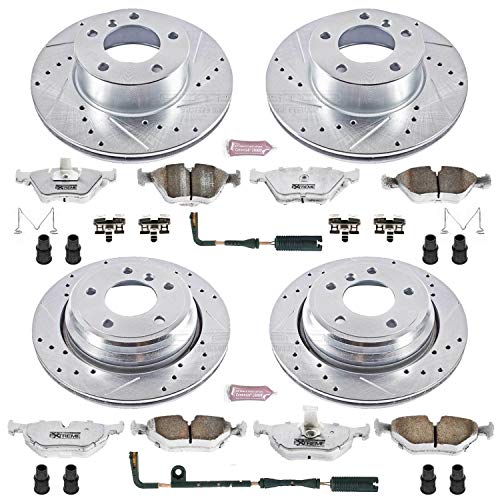 Power Stop Z26 Carbon Fiber Brake Pads with Drilled & Slotted Brake Rotors Kit and 1 Front & 1 Rear Sensor Wires K2746-26