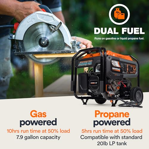 Generac 8011 GP7500E Portable Generator - 7,500-Watt Dual-Fuel Compatible - Gas and Propane - COsense Technology with Electric Start - Powerrush Advanced Technology - Reliable Power Solution