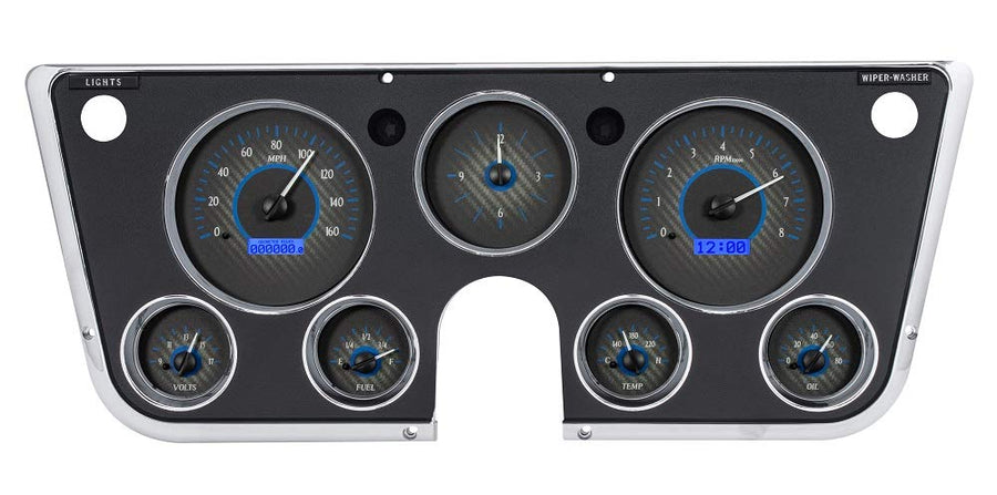 Dakota Digital VHX-67C-PA-C-B Analog Gauge System Compatible with 1967-72 Chevy Pickup Truck with Analog Clock Carbon Fiber Style Blue Backlighting