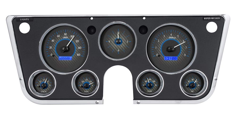 Dakota Digital VHX-67C-PA-C-B Analog Gauge System Compatible with 1967-72 Chevy Pickup Truck with Analog Clock Carbon Fiber Style Blue Backlighting