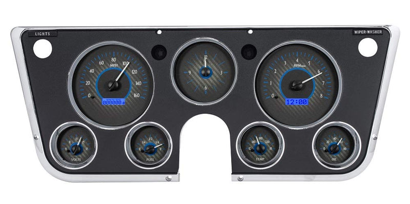 Dakota Digital VHX-67C-PA-C-B Analog Gauge System Compatible with 1967-72 Chevy Pickup Truck with Analog Clock Carbon Fiber Style Blue Backlighting