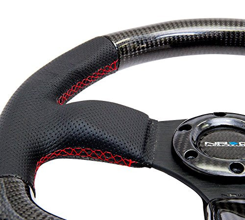 NRG Innovations Carbon Fiber NRG-ST-009CFRS Steering Wheel 320mm, Flat Bottom with Red Stitching Leather Tirm