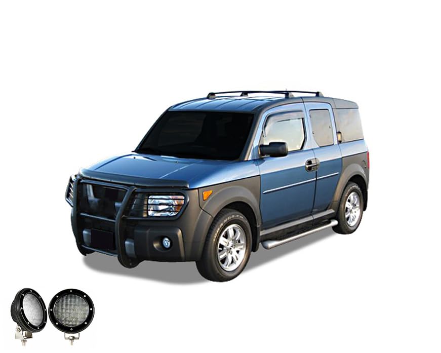 Bumper Guard Black Horse Grille Brush Modular Black Come with Pair of 5.3" Dia.LED Lights with Black Trim Rings Compatible with 2003-2008 Honda Element-17A155900MA-PLFB