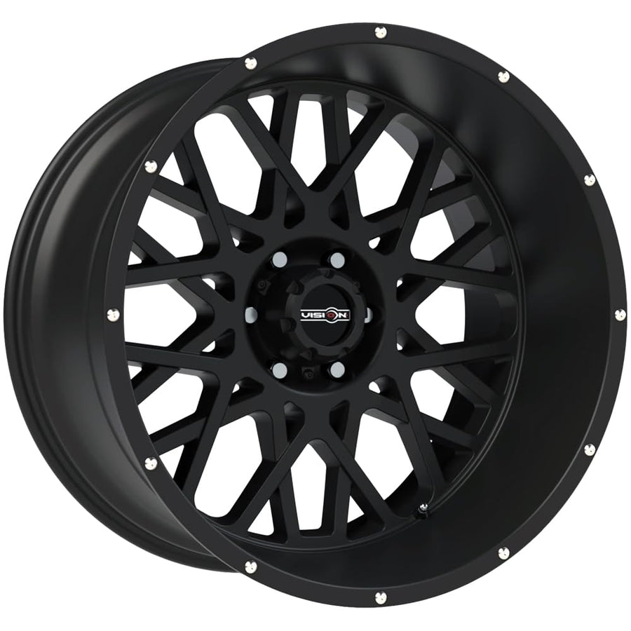 Rocker Style Vision Wheels: 412 RWD, Finish Satin Black w/Chrome Bolts- Wheel Size Inches20X9, PCD 6-135, Load Rating LBS. 2400