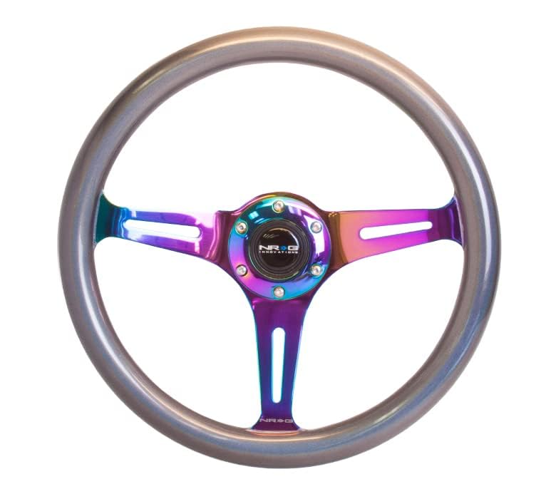 NRG Innovations Steering Wheel NRG-ST-015MC-CN - 350mm 25mm Deep Configuration, Chameleon Classic Wood Grain Wheel 3 Neochrome Spokes- Pearlescent Paint Grip