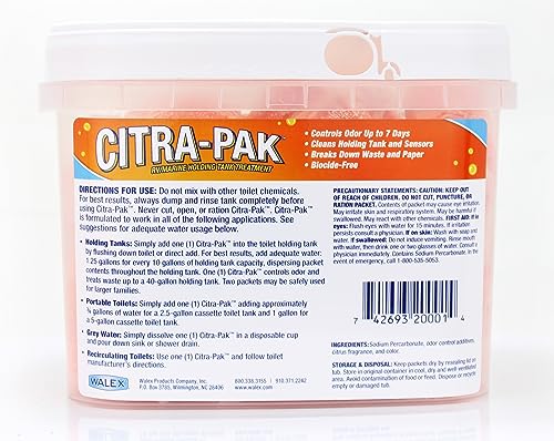 Citra-Pak Walex RV/Marine Holding Tank Deodorizer Drop-Ins - Waste Breakdown & Odor Control, Cleans Holding Tank & Sensors, Biocide-Free, Treatment for RVs, Boats, & Portable Toilets - Citrus, 30 Pack