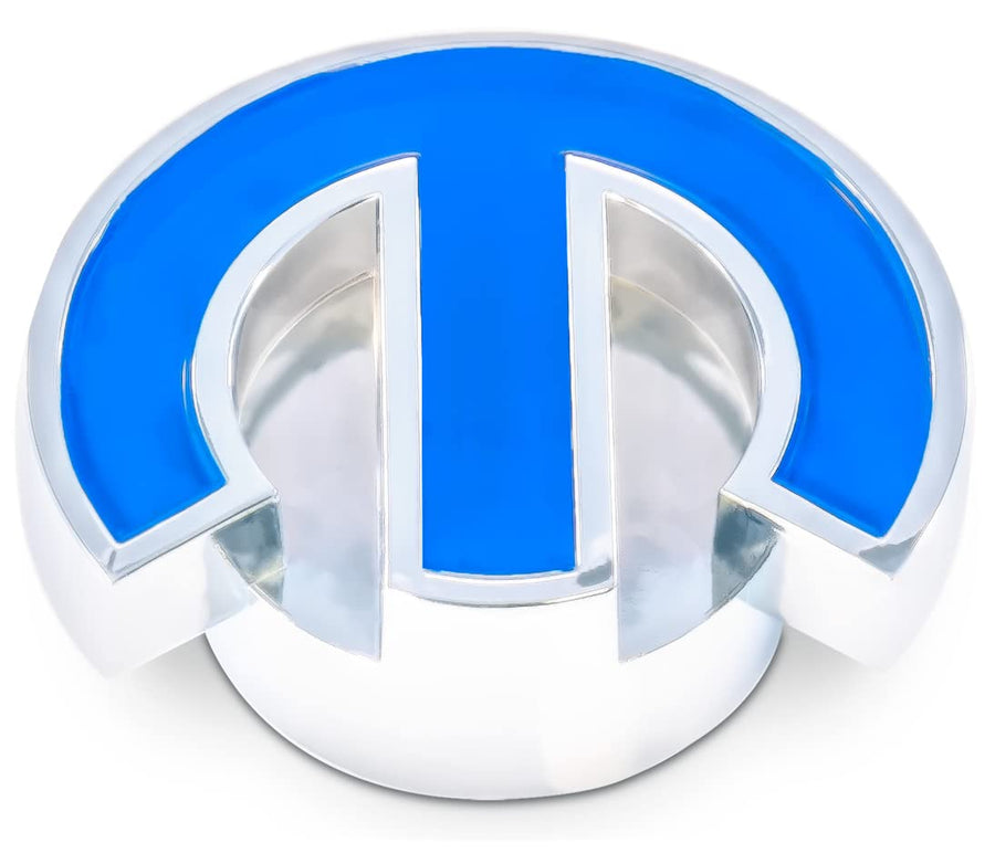 Large PFM Air Cleaner Nut, 1/4-20 in and 5/16-18 in Thread, Mopar Omega Logo, Aluminum, Chrome, Blue Center, Each