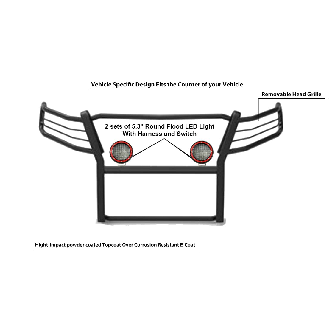 Grille Brush Black Horse Bumper Guard Modular Black Come with Pair of 5.3" Dia.LED Lights with Red Trim Rings Compatible with 2015-2022 Colorado/Canyon (Excludes ZR2 submodel)-17GC15MA-PLFR