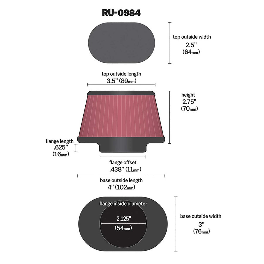 High-Flow K&N Original Lifetime Universal Clamp-On Air Filter: High Performance, Premium: Flange Diameter: 2.125 In, Filter Height: 2.75 In, Flange Length: 0.625 In, Shape: Oval Straight, RU-0984