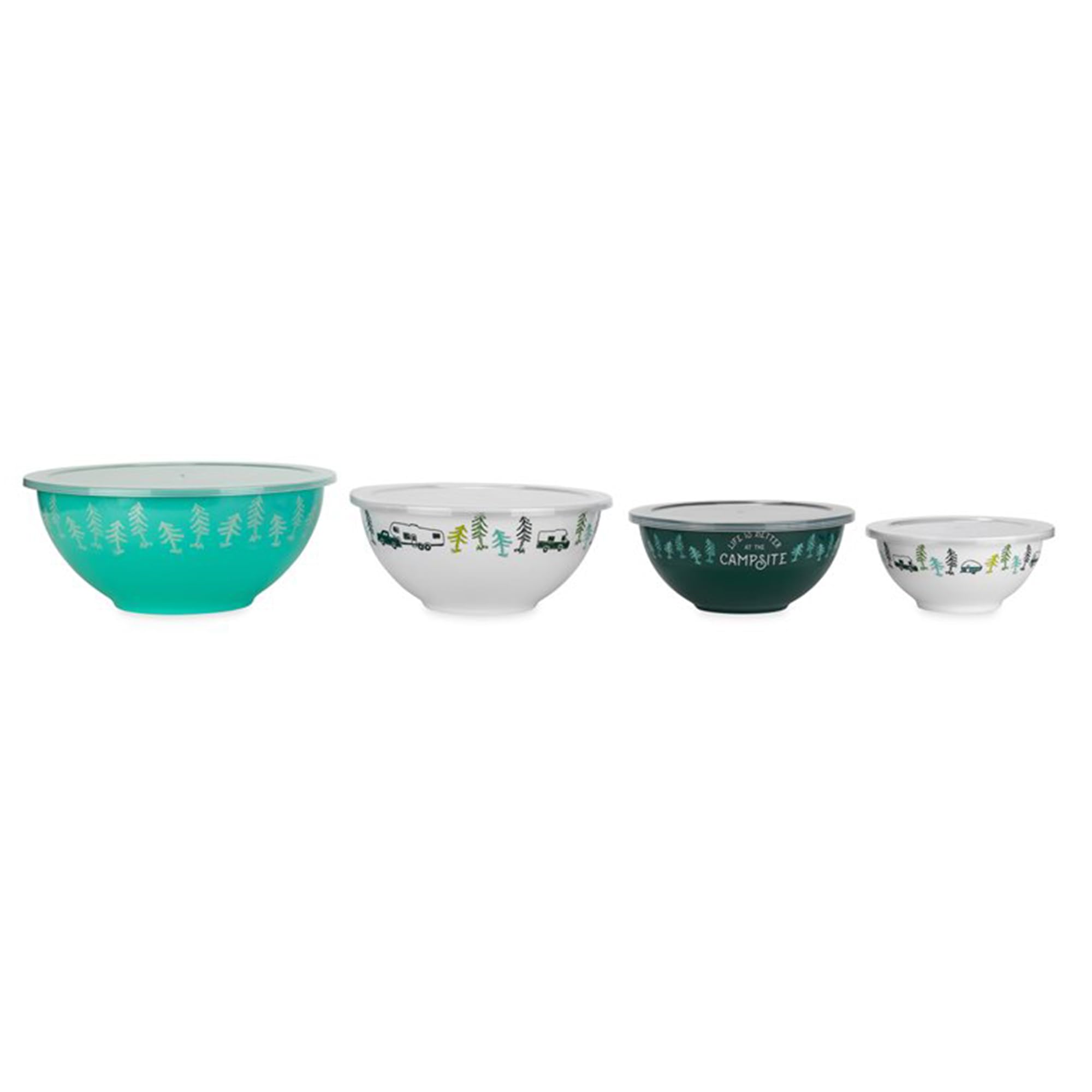 Nesting Bowl Set Camco with Lids - Features Life is Better at The Campsite Design - Camping Dishware Set Includes 4 Durable Melamine Bowls with 4 Plastic Lids - Camping Kitchen Essentials(53451)