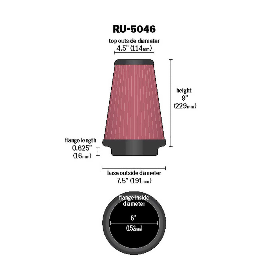 High-Flow K&N Original Lifetime Universal Clamp-On Air Filter: High Performance, Premium, Washable: Flange Diameter: 6 In, Filter Height: 9 In, Flange Length: 0.625 In, Shape: Round Tapered, RU-5046