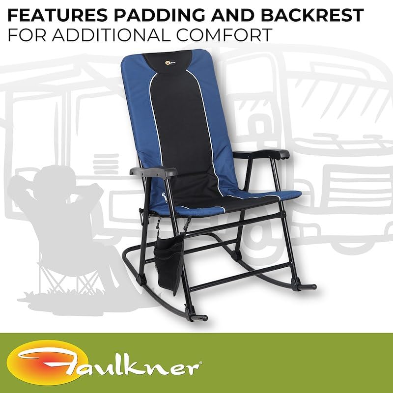 Dakota Folding Rocking Chair Faulkner – Blue/Black, 42.1" x 22", 300 lb Capacity, Padded Camping Chair with Side Pouch, Lightweight Steel Frame, Folds for Easy Carry