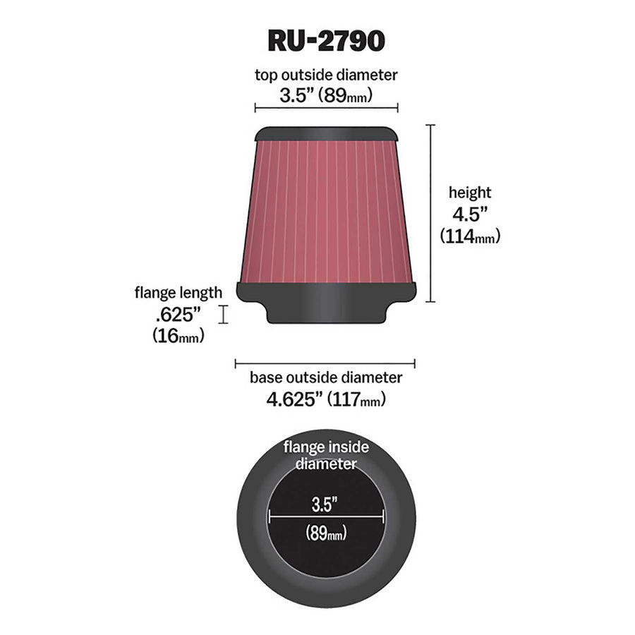 K&N Original High-Flow Lifetime Universal Clamp-On Air Filter: Performance, Premium, Washable: Flange Diameter: 3.5 In, Filter Height: 4.5 In, Flange Length: 0.625 In, Shape: Round Tapered, RU-2790