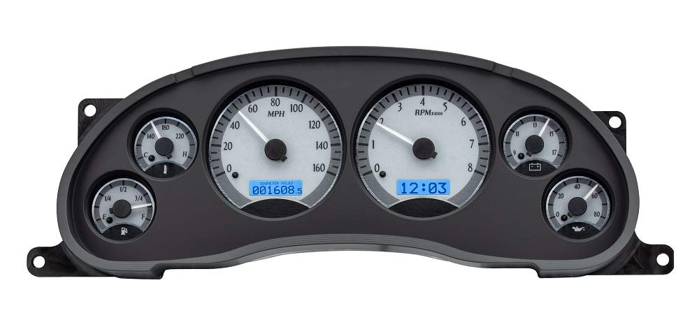 Dakota Digital VHX-94F-MUS-S-B Analog Dash Gauge System Compatible with 1994-2004 Ford Mustang Silver Alloy Style Blue Backlighting