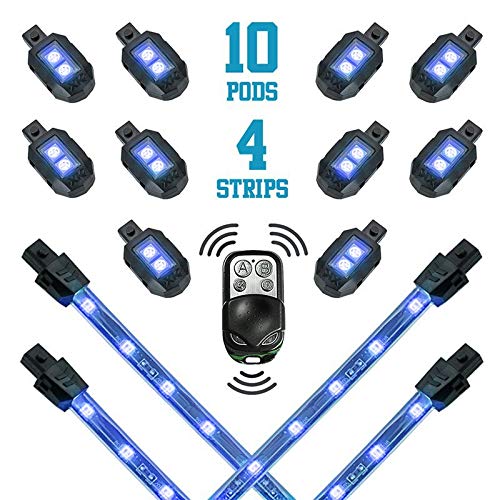 2nd Gen XKGLOW Premium Blue 10 PODS + 4 Strips Motorcycle Engine & Ground Underglow Neon Accent Light Kit with 3 Mode 4-Key Remote