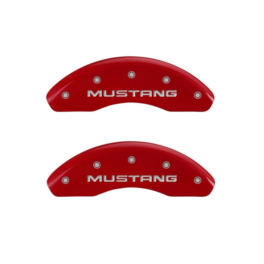 SET OF 4 CALIPER COVERS, REAR: SN95/GT, FRONT: MUSTANG, RED, SILVER CHARACTERS