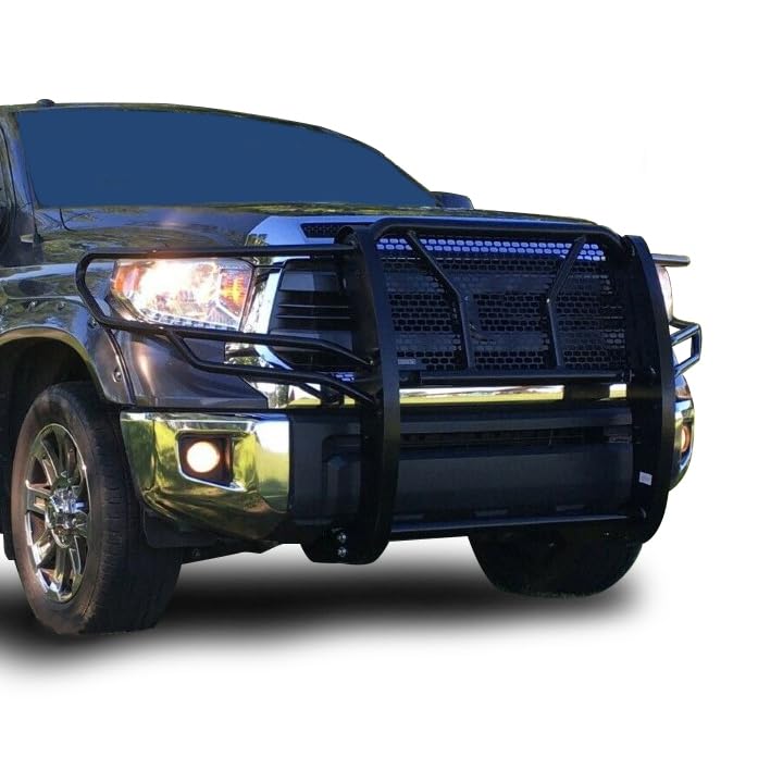 Heavy Duty Black Horse Rugged Grille Brush Bumper Guard Modular Black Come with Pair of 5.3" Dia.LED Lights with Black Trim Rings Compatible with 2007-2020 Tundra|2008-2022 Sequoia-RU-TOTU07-B-PLFB