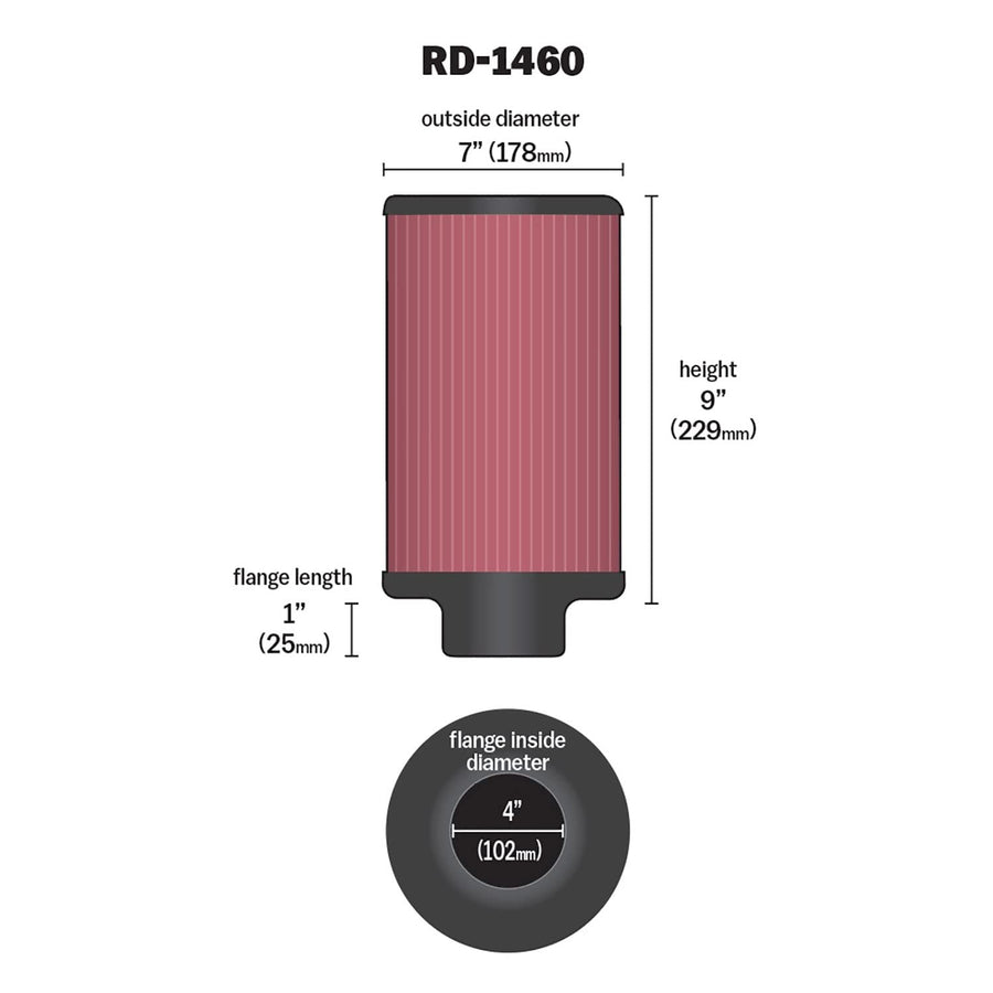K&N Original High-Flow Lifetime Universal Clamp-On Air Filter: High Performance, Premium, Washable: Flange Diameter: 4 In, Filter Height: 9 In, Flange Length: 1 In, Shape: Round, RD-1460