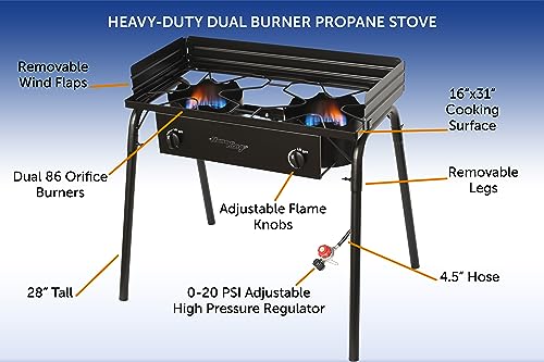 Flame King Double Dual Burner Outdoor Propane Stove 200K BTU Turkey Fryer/Camp Cooker, Portable with Stand Great for Backyard Cooking, Home Brewing & Canning
