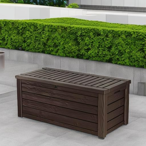 Keter 150 Gallon Westwood Deck Box Organizer, Doubles as 2-Person Bench Seat, Brown – Large Resin Outdoor Storage and Seating with Lockable Lid for Garden, Pool, and Patio