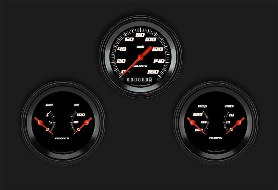 Velocity Black Classic Instruments VS04BBLF 3 3/8" Speedometer / 2 Dual Gauges - GM