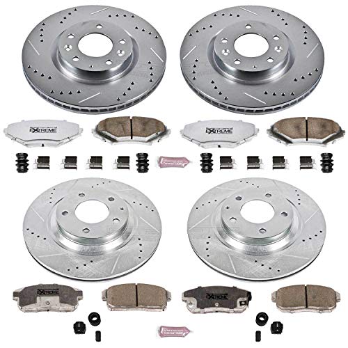 Power Stop K2725-26 Z26 Carbon Fiber Brake Pads Front and Rear with Drilled & Slotted Brake Rotors Kit For Mazda RX-8 2004-2008 [Model Specific]