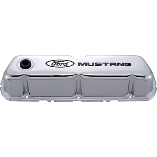 Ford Tall Valve Cover, Baffled, Breather Hole, Ford Mustang Logo, Steel, Chrome