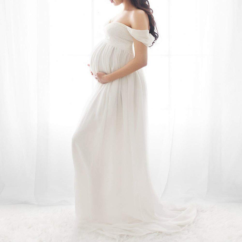 Women's Solid Off Shoulder Maternity Dress, Split Front Sleeveless Chiffon Shoulderless Long Photography Dress