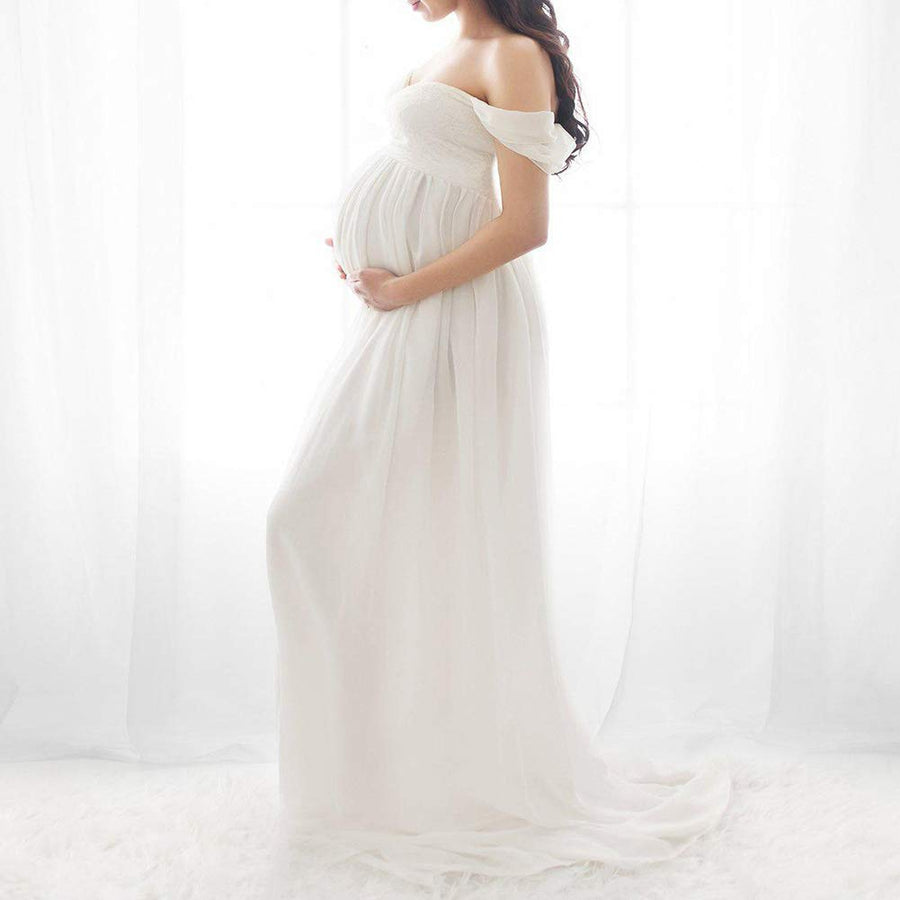Women's Solid Off Shoulder Maternity Dress, Split Front Sleeveless Chiffon Shoulderless Long Photography Dress