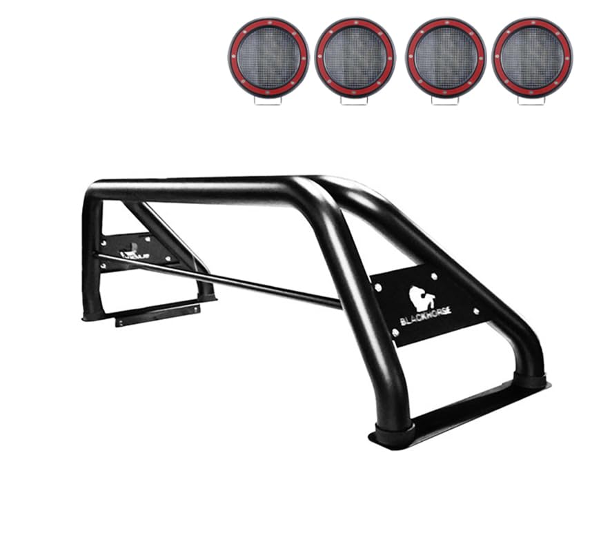 Classic Black Horse Roll Bar Incl. Set of 5.3" Dia.LED Lights w/Red Trim Rings Compatible with 19-24 Ram 1500 Excludes Classic models-RB002BK-PLFR