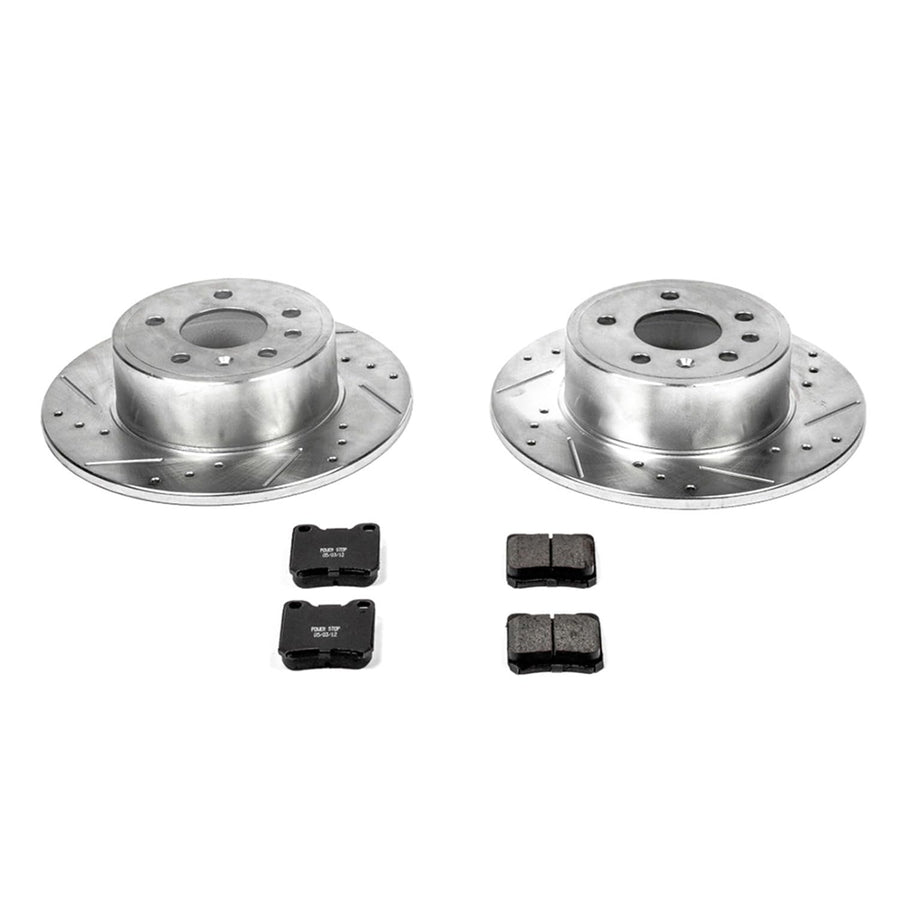 Rear Power Stop K831 Z23 Carbon Fiber Brake Pads with Drilled & Slotted Brake Rotors Kit For Saab 9-3, Saab 900, Saturn L, Saturn L300, Saturn, Saturn, Saturn, Saturn LW300 [Model Specific]