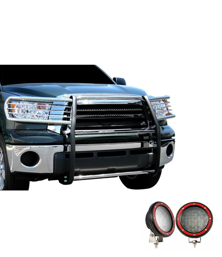 Bumper Guard Black Horse Grille Brush Modular Stainless Steel Come with Pair of 5.3" LED Lights with Red Trim Rings Compatible with 2008-2022 Toyota Sequoia|2007-2021 Toyota Tundra-17A098900MSS-PLFR