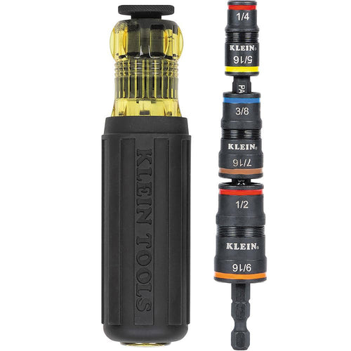 Klein Tools 32910 7-in-1 Impact Driver, SAE Impact Socket Set with Handle, Flip Socket with 1/4, 5/16, 3/8, 7/16, 1/2 and 9/16-Inch Nut Driver Sizes and 1/4-Inch Bit Holder