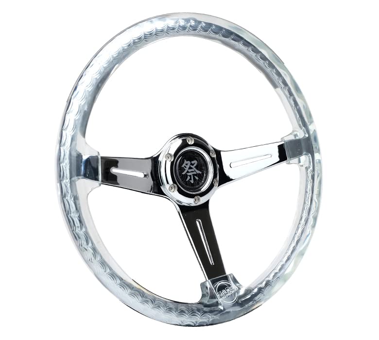 NRG Innovations Reinforced Steering Wheel NRG-RST-027CH-CL 350mm 2" Deep Dish Clear Acrylic Steering Wheel in Clear and Geometric NeoChrome Spoke Finish with Slits