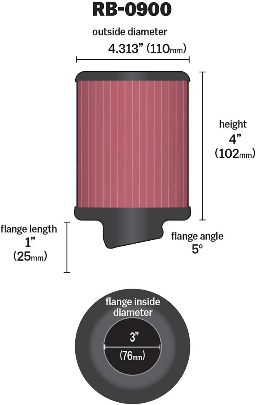 High-Flow K&N Original Lifetime Universal Clamp-On Air Filter: High Performance, Premium, Washable: Flange Diameter: 3 In, Filter Height: 4 In, Flange Length: 1 In, Shape: Round, RB-0900