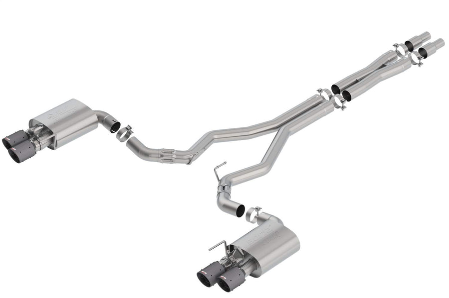 Borla ATAK 140743CFBA Cat-Back Exhaust System 3 in. Incl. Connecting Pipes/Muffler/Hardware/4 in. Dual Round Rolled Angle-Cut Carbon Fiber Black Tip Dual Split Rear Exit
