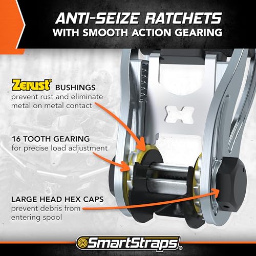 10’ SmartStraps RatchetX Premium Ratchet Tie-Down Straps, 2 Pack – 3,000lbs Break Strength, 1,000lbs Safe Work Load – Heavy Duty Tie Downs for Heavier Loads