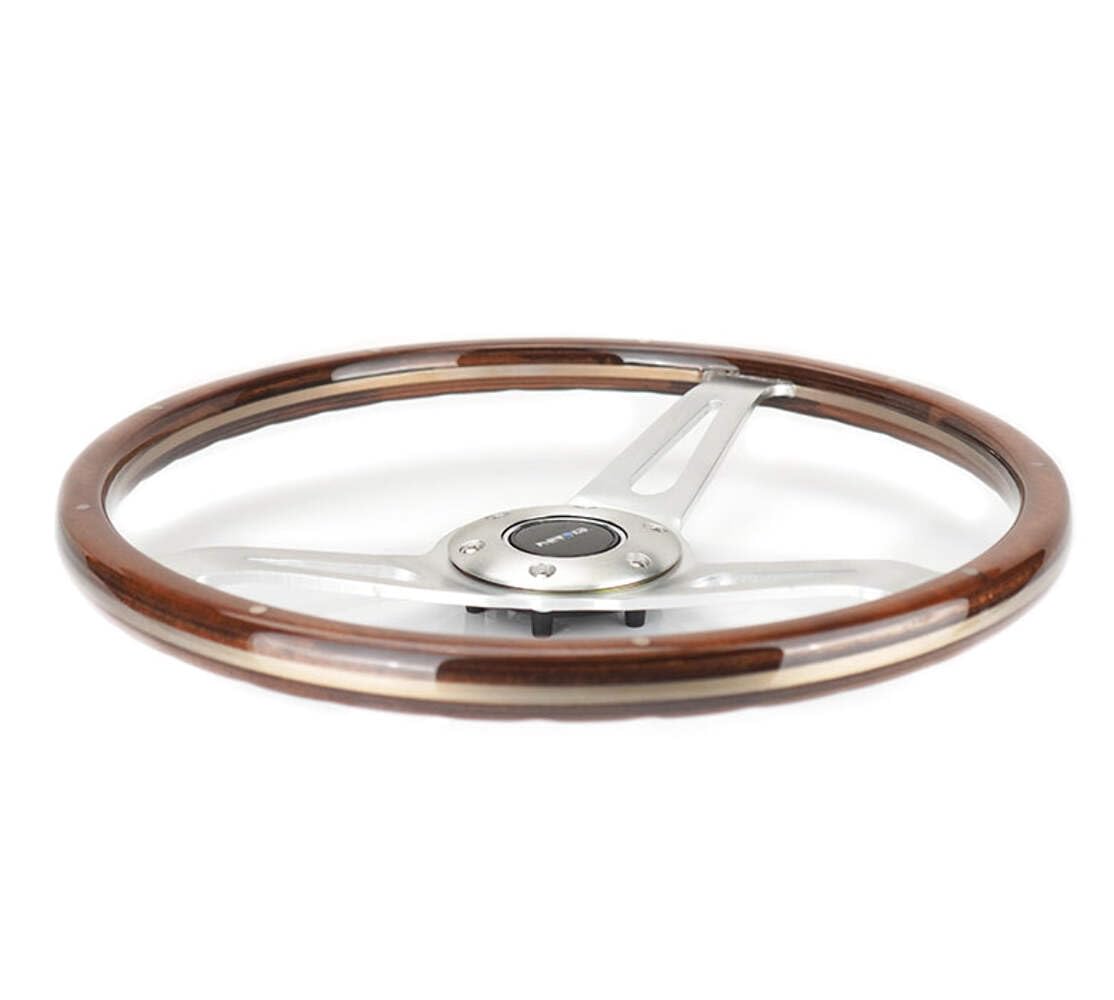 NRG Innovations Steering Wheel NRG-ST-065 - Classic Wood Grain Wheel, 380mm, 3 Spoke Center in Polished Aluminum, Wood with Metal Accents