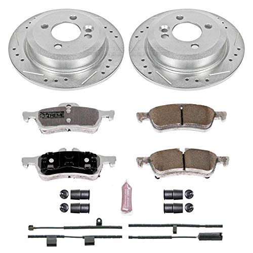 Power Stop K5726-26 Z26 Carbon Fiber Brake Pads Rear with Drilled & Slotted Brake Rotors Kit and 1 Rear Sensor Wire For Mini Cooper 2002-2006 [Model Specific]
