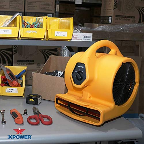 P-130A XPOWER Mini Mighty 1/5 HP 800 CFM Centrifugal Air Mover, Carpet Dryer, Floor Fan, Blower, Stackable, Daisy Chain, for Water Damage Restoration, Janitorial, Plumbing, Home Use, Yellow