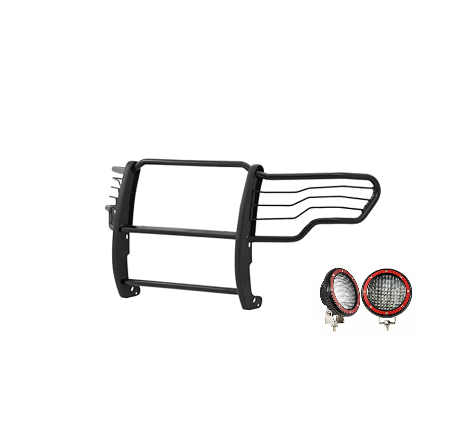 Bumper Guard Black Horse Grille Brush Modular Black Come with Pair of 5.3" Dia.LED Lights with Red Trim Rings Compatible with 2009-2014 Ford F-150-17FP30MA-PLFR