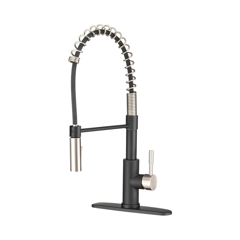 Dura Faucet RV Swivel DF-MK504SLK-MBSN High-Arc Spring Kitchen Sink Faucet - Single Handle - Kitchen Faucet with Pull-Down Sprayer - Optional Deck Plate (Matte Black/Brushed Satin Nickel)
