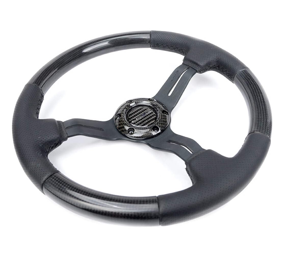 NRG Innovations Steering Wheel NRG-ST-010CFBS - Carbon Fiber Steering Wheel with LEATHER ACCENT 350mm 1.5" DEEP BLACK STICHING