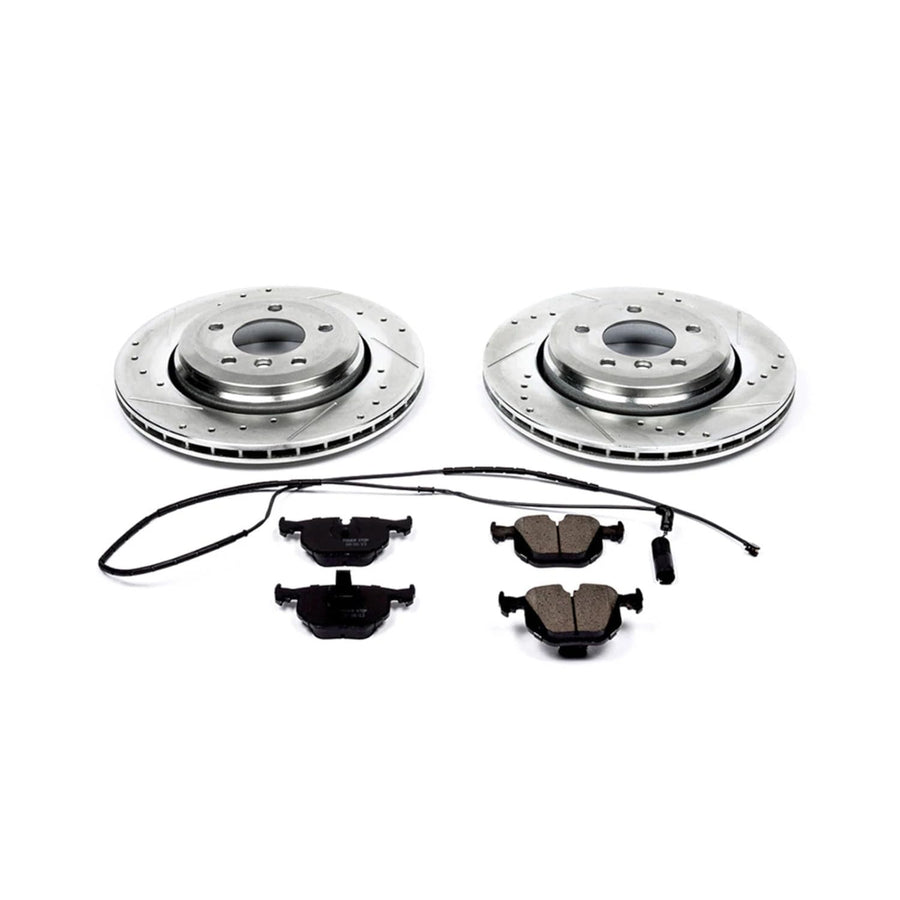 Power Stop K5729 Z23 Rear Carbon Fiber Brake Pads with Drilled & Slotted Brake Rotors Kit and 1 Rear Sensor Wire