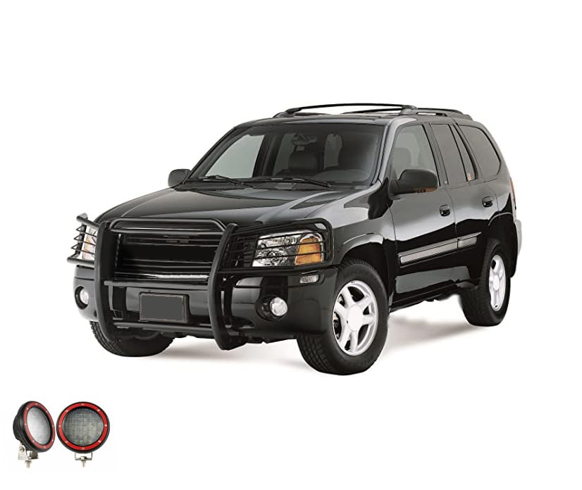 Bumper Guard Black Horse Grille Brush Modular Black Come with Pair of 5.3" Dia.LED Lights with Red Trim Rings Compatible with 2002-2006 GMC Envoy|2002-2006 GMC Envoy XL-17GD26MA-PLFR