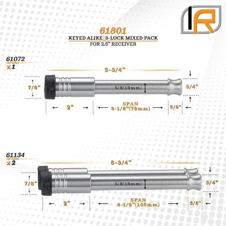 3 Pack Mixed 2.5, Keyed Alike, Hitch Locks for CURT 20K LB Adjustable Channel Mount 2.5" Hitch - Includes Lock for Receiver 2.5"